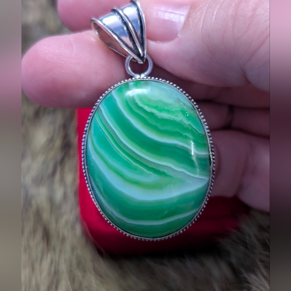 Handmade Green 💚 Agate Pendant In 925 Silver